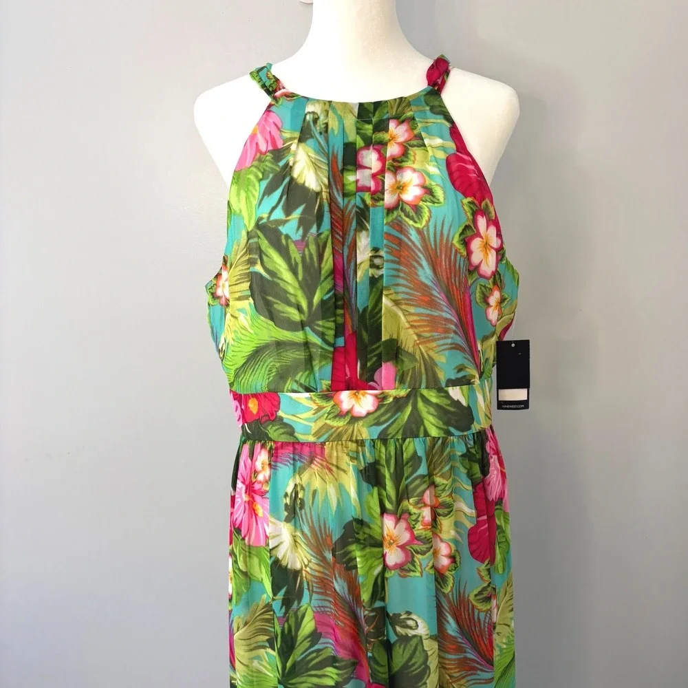 NWT Nine West Tropical Floral Halter Maxi Dress Womens Size 12 - Picture 2 of 12
